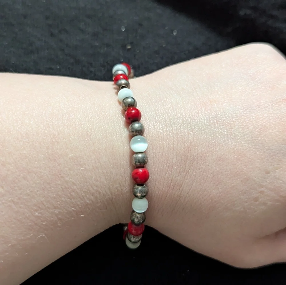 Sterling Silver Red And White Cat's Eye Beaded Statement Bracelet